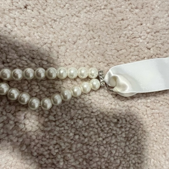 Pearl & crystal rhinestone necklace w/ adjustable / replaceable ribbon wedding - Picture 4 of 7